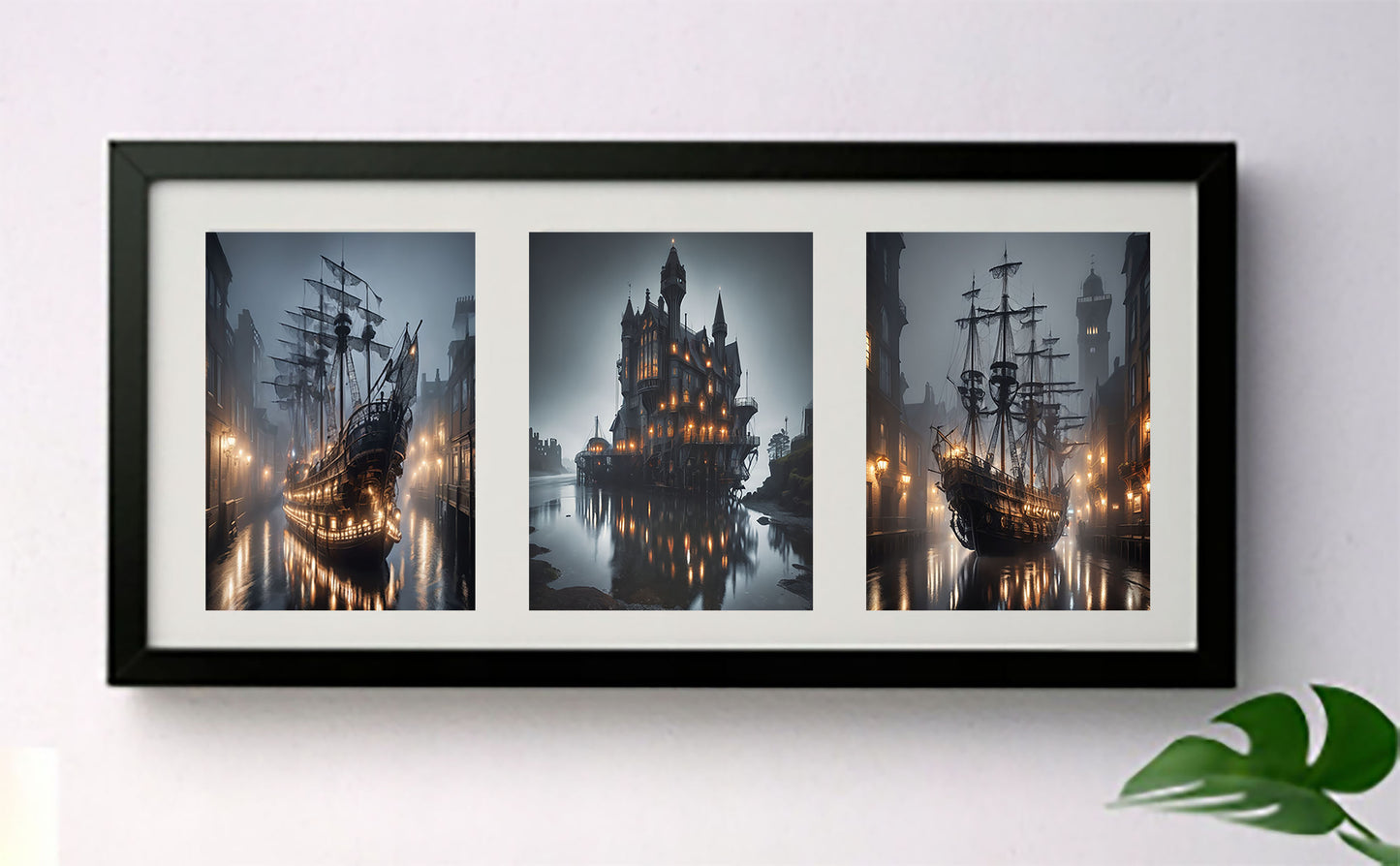 Gothic Pirate Ships 3-Panel Exhibition Quality Deep Framed Picture Display
